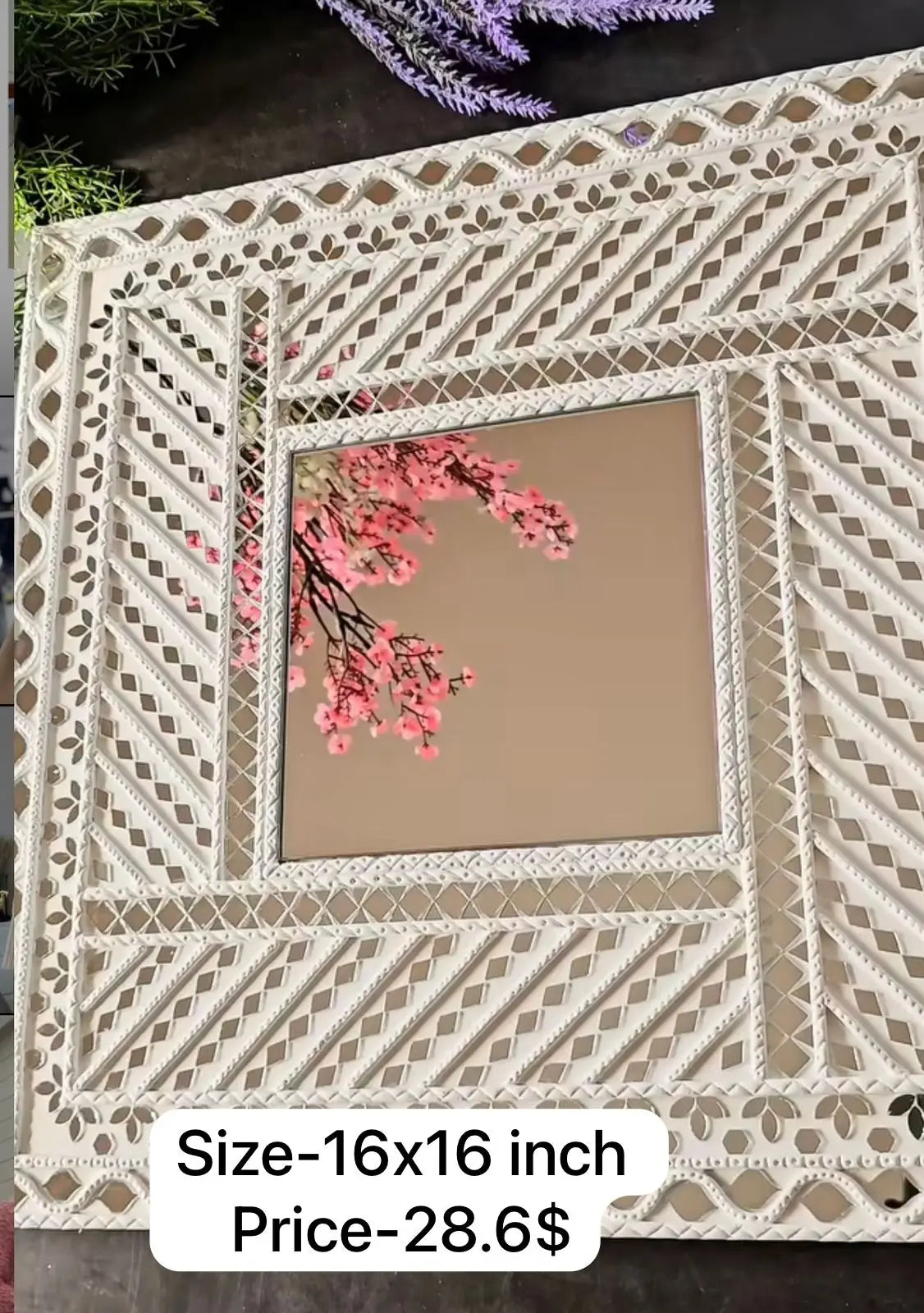 Indian Modern Lippan Wood Vertical Mirror Art Lace Trim White Rope Frame Backlit Wall Art Floor/Wall Vase Living Room