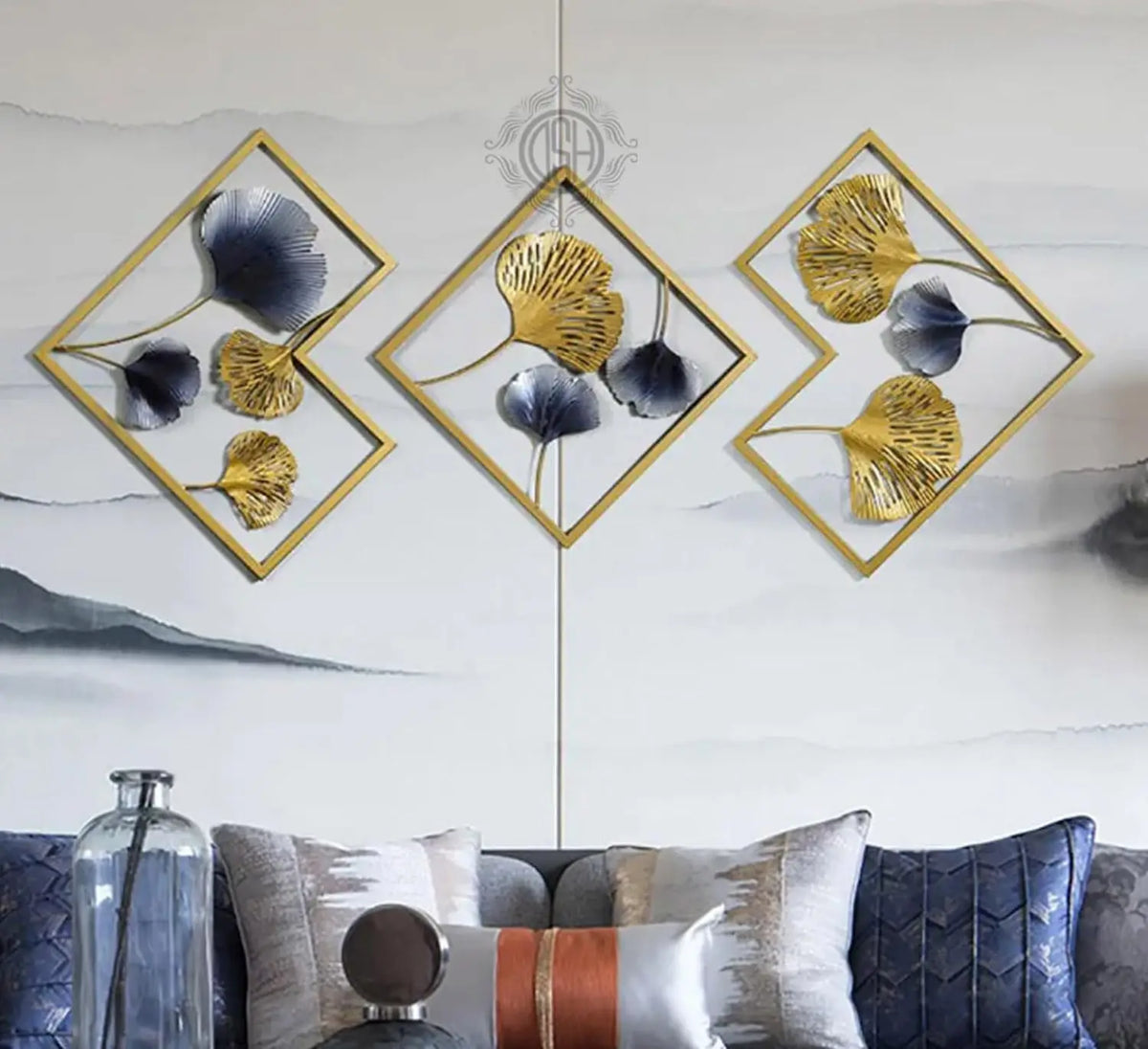 Luxury Geometric Leaf Metal Wall Art Set Of 3 Cast Iron Wall Hanging Decor 55 Inch Modern Home Decoration Wall Art Sculpture