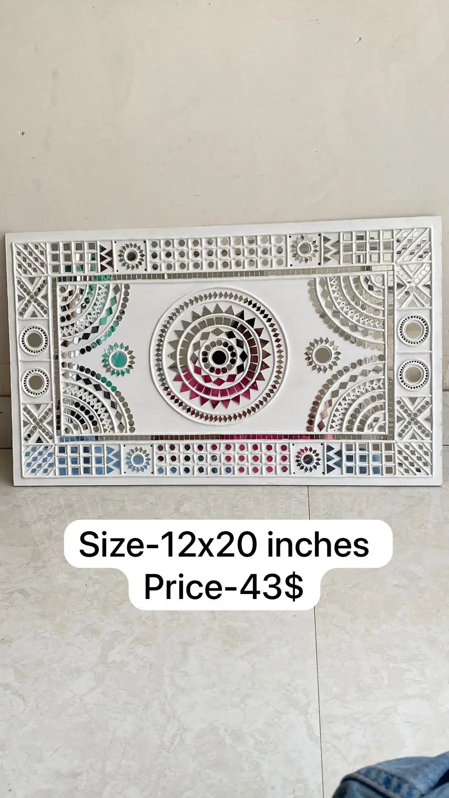 Indian Modern Lippan Wood Vertical Mirror Art Lace Trim White Rope Frame Backlit Wall Art Floor/Wall Vase Living Room