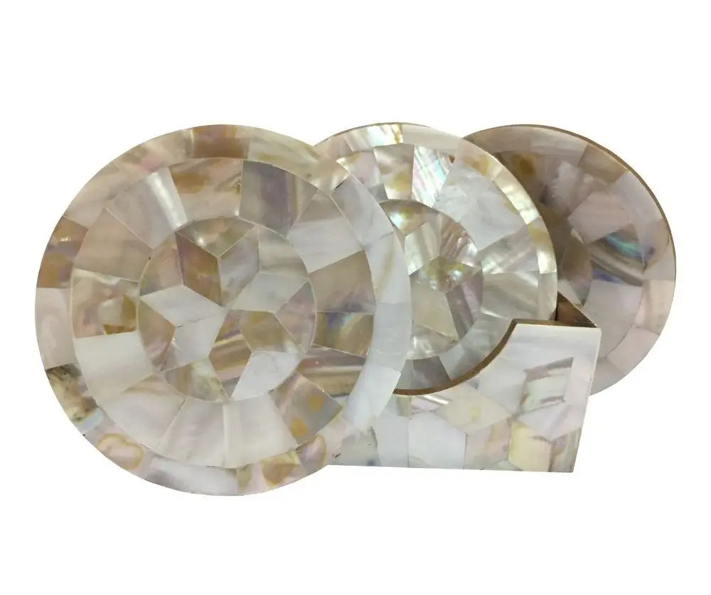 Luxury Handmade Mother Pearl Inlay Coasters Polished Brass Detailing Eco-friendly Durable 4/6-Piece Modern Table Decor Gift Set