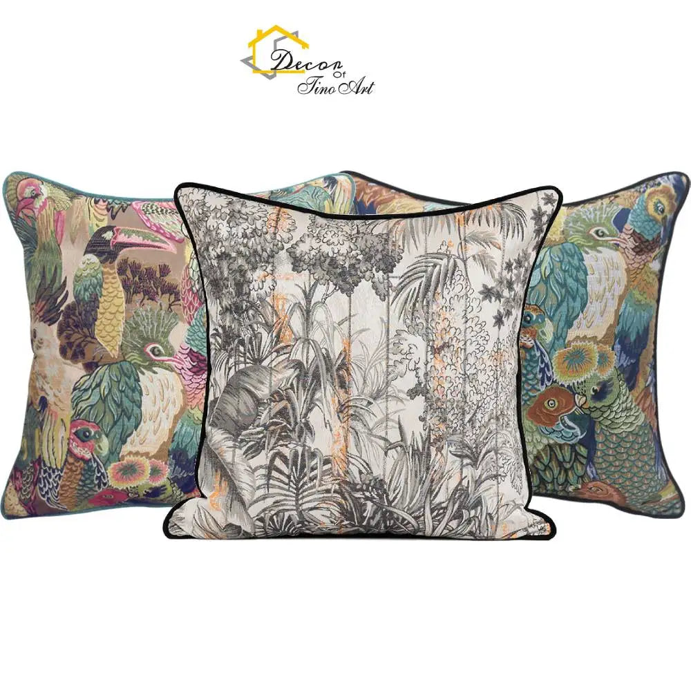 18" Throw Pillow Cover Luxurious Jacquard Cushion Covers European Floral Brown Gold Bird and Insect Pillow Case