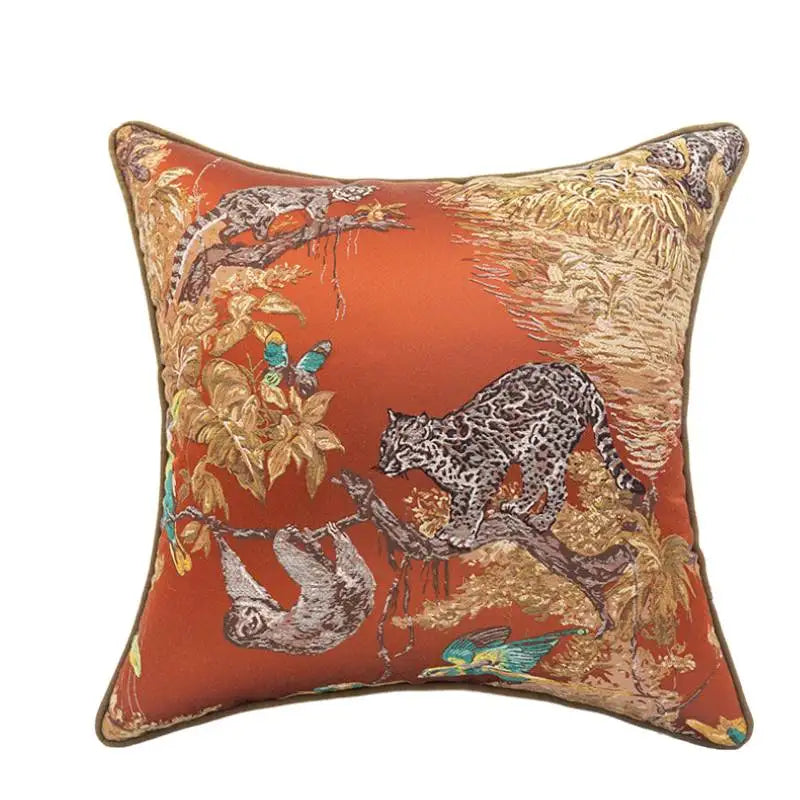 18" Throw Pillow Cover Luxurious Jacquard Cushion Covers European Floral Brown Gold Bird and Insect Pillow Case