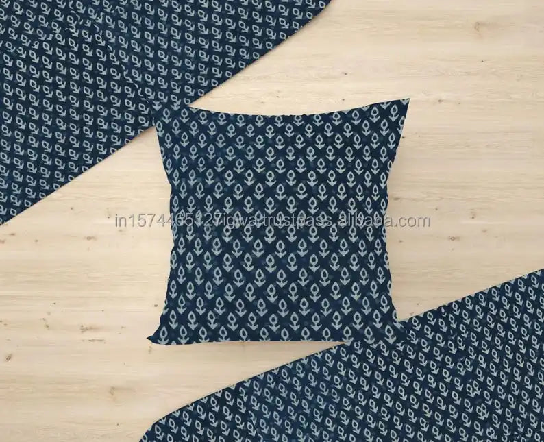 Indigo Blue Hand-Black Printed Custom Size 16\" 18\" 20\" 22\" 26\" Decorative Throw Pillow Cover Square Leaves for Sofa