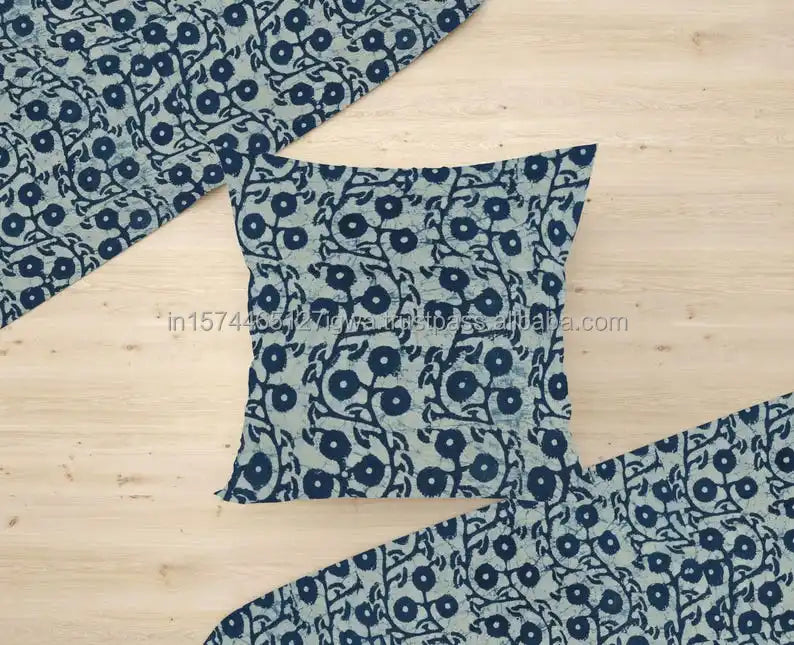 Indigo Blue Hand-Black Printed Custom Size 16\" 18\" 20\" 22\" 26\" Decorative Throw Pillow Cover Square Leaves for Sofa