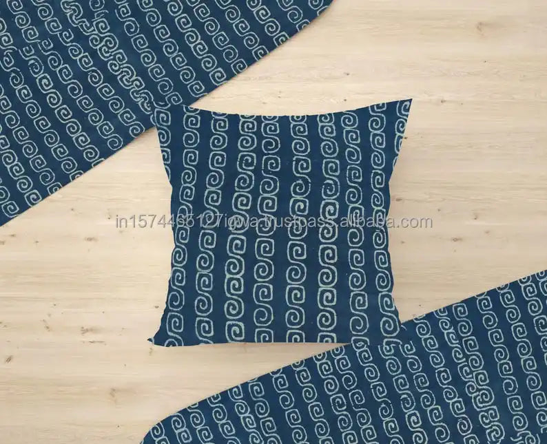 Indigo Blue Square Decorative Throw Pillow Cover 16"-26" Black American Style Hand Printed Design Eco-Friendly Hospital Home
