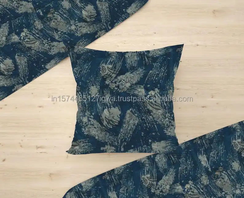 Indigo Blue Square Decorative Throw Pillow Cover 16"-26" Black American Style Hand Printed Design Eco-Friendly Hospital Home