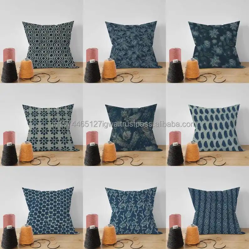Indigo Blue Square Decorative Throw Pillow Cover 16"-26" Black American Style Hand Printed Design Eco-Friendly Hospital Home