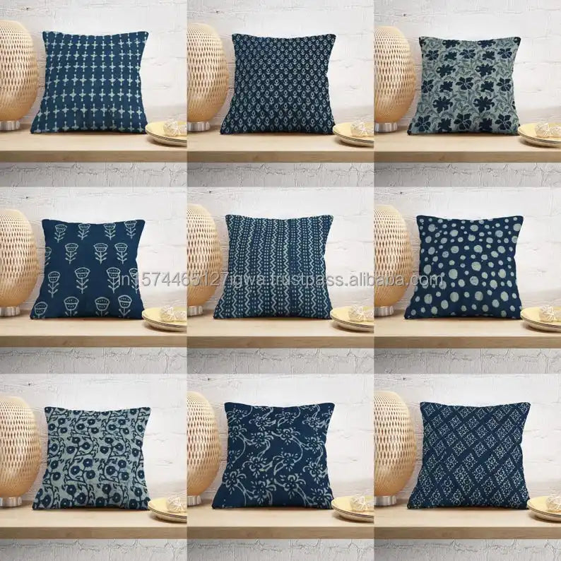Indigo Blue Hand-Black Printed Custom Size 16\" 18\" 20\" 22\" 26\" Decorative Throw Pillow Cover Square Leaves for Sofa