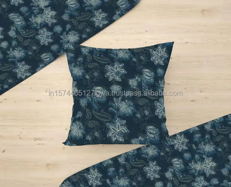 Indigo Blue Square Decorative Throw Pillow Cover 16"-26" Black American Style Hand Printed Design Eco-Friendly Hospital Home