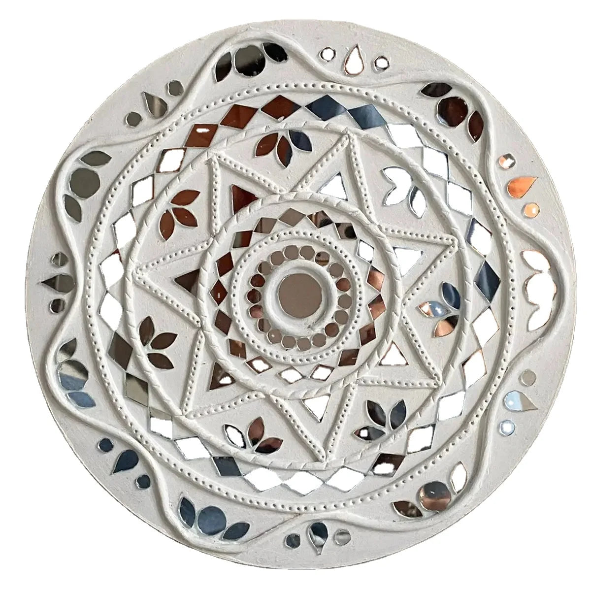 Indian Modern Lippan Wood Vertical Mirror Art Lace Trim White Rope Frame Backlit Wall Art Floor/Wall Vase Living Room
