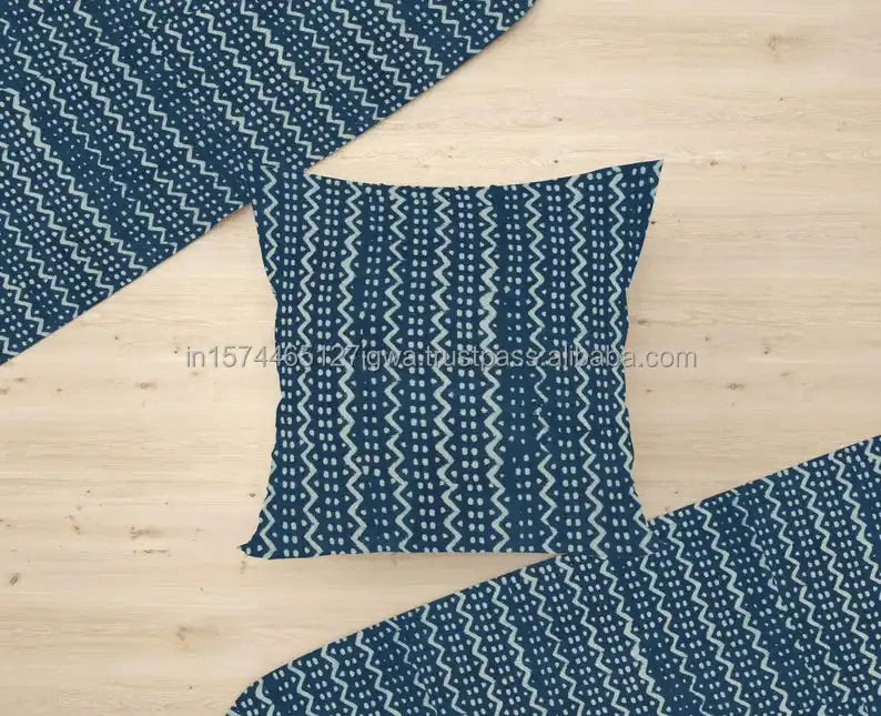 Indigo Blue Hand-Black Printed Custom Size 16\" 18\" 20\" 22\" 26\" Decorative Throw Pillow Cover Square Leaves for Sofa