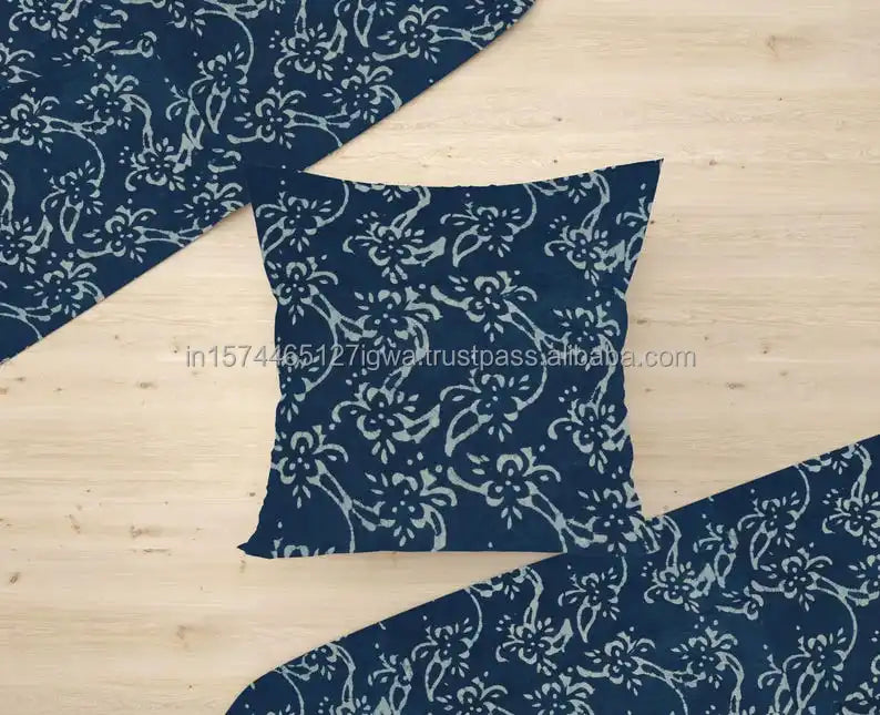 Indigo Blue Hand-Black Printed Custom Size 16\" 18\" 20\" 22\" 26\" Decorative Throw Pillow Cover Square Leaves for Sofa